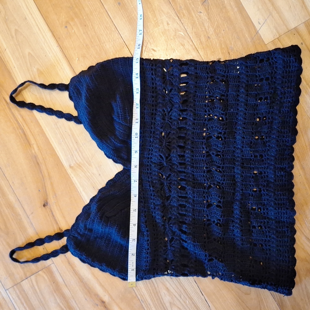 Vintage 90s Y2k Witchy Moda International Crochet Knit Tank Black Size M Hippie - Picture 7 of 9